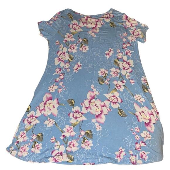 Blue Floral Short Sleeve Pocket Jersey Stretch A-line Swing Dress Ladies Large - Picture 2 of 9